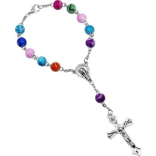 Wholesale 100pcs/lot Women Religious Jesus Cross Bracelets 8MM Colorful Acrylic Beads Catholic Rosary Bracelets Jewelry