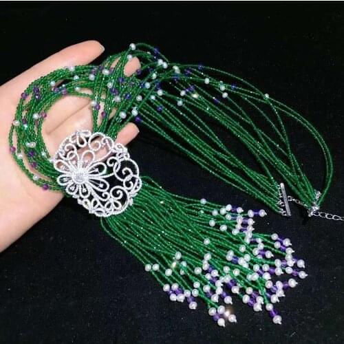 20'' 10 Strands Faceted Green agate Freshwater Cultured White Pearl Necklace CZ Pendant