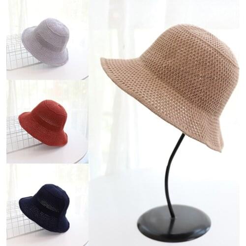 New Cotton Knitted Fisherman Hat Women Panama Bucket Caps Outdoor Vacation Summer Beach Solid Color Folding Sunscreen Hats