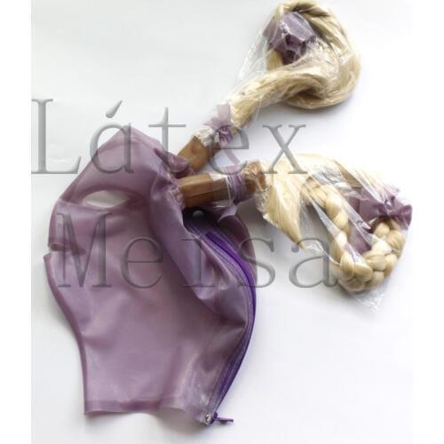 Transparent purple Fetish latex hood with wig hairs decorations and attached back zipper design