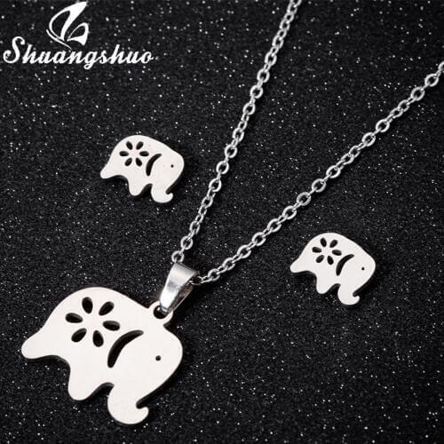 Shuangshuo Necklace Elephant Pendant Necklace Earrings Jewelry Sets For Women Long Choker Necklace Stud Earrings collares