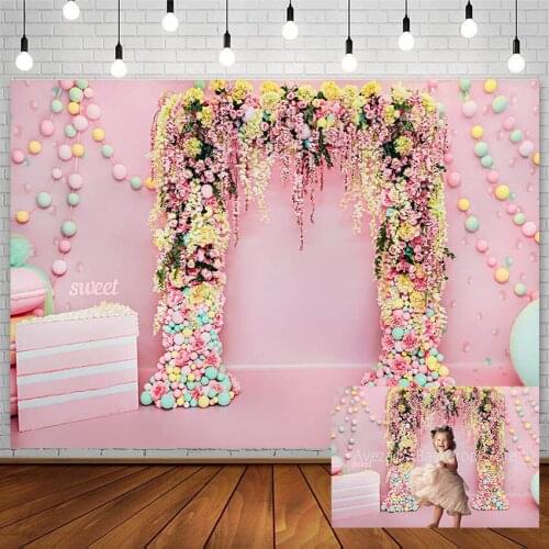 Sweet Cake Backdrop Birthday Baby Shower Flower Color Ball Macaron Pink Girl Banner Photography Background Photocall Decor Props
