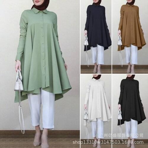 Vintage Muslim Women Blouse Shirt Long Top Dress Button Abaya Midi Dress Full Sleeve Vestidos Female Solid Blusa Shirts Femme