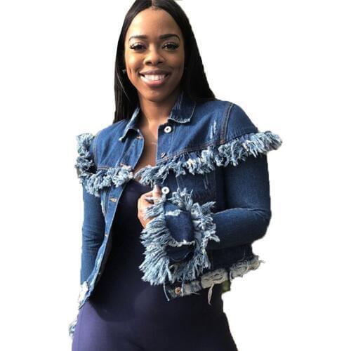 2021 Autumn New Worn Denim Jacket Women Fashion Tassel Short Jean Jacket Female Harajuku Flared Sleeve Long Sleeve Women Coat