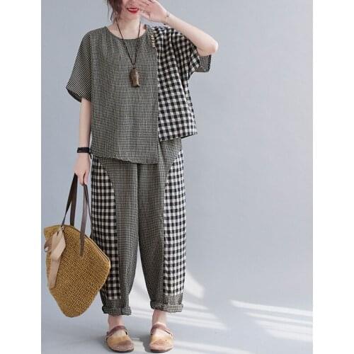 FairyNatural Female Causal Plaid Ladies Two Pieces Suits Summer Korean Women Loose Irregular Top Long Harem Pant Sets 2021 New