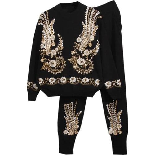 New Autumn and Winter Womens Heavy Bead Sequins Embroidered Long Sleeved Knitted Sweater +Casual harem Pants Two Piece Set