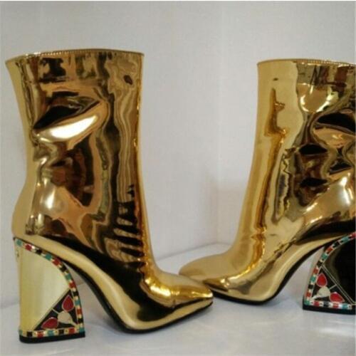 Golden Mirror Leather Boots Multi Gemstone Studs Chunky Heel Women Pointed Toe Winter Ankle Boots Glitter Shiny Leather Bottines