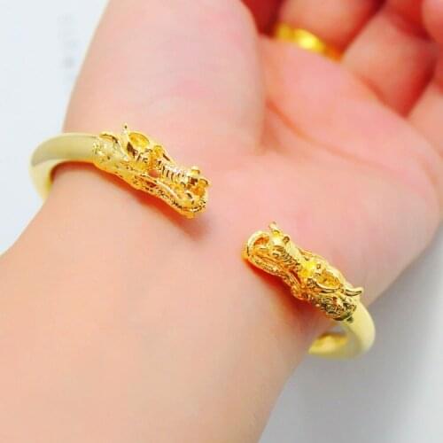 FREE SHIPPING Exquisite Dragons Head 24K Gold-plate 1:1 Quality Handmade in Hongkong Gold Shop Luxurious Hollow Open Bangles