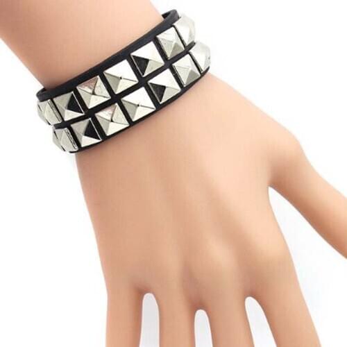 XEONGKVI Europe America Punk Double Row Rivets Cowhide Men Bracelet Fashion Accessories Women Hand Catenary Party Gift