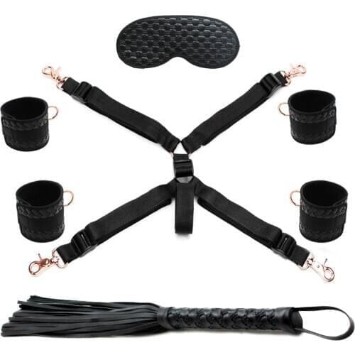 Black Plaid Leather Handcuffs & Ankle Fetish Slave PU Whip Erotic Toy Adult Under Bed BDSM Bondage Restraint Sex Toys For Women
