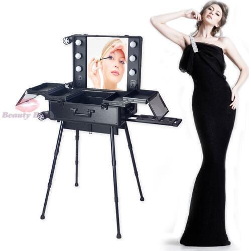 Beautiful Pink color Aluminum makeup station with light bulb, mirror, trolley and 4 legs, cosmetic train trolley case