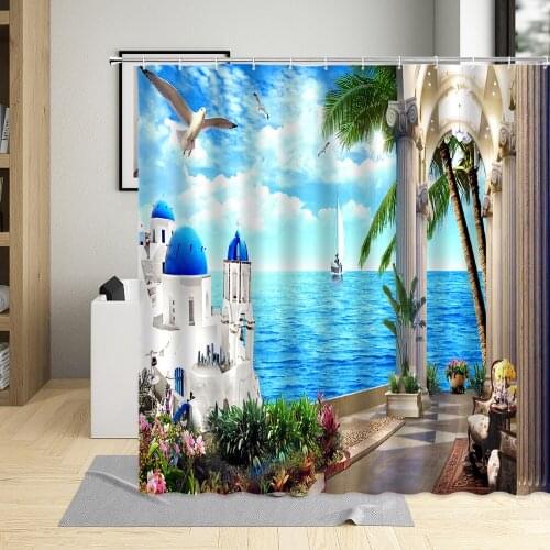 Sea Scenery Shower Curtain Greece Town Plant Palm Tree Beach Blue Sky Seagull Wall Cloth Bathroom Decor Hanging Curtains Sets