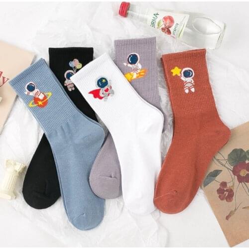 Spring and summer couple socks solid color ins tide embroidery astronaut net red fashion wild tube socks sports tide socks
