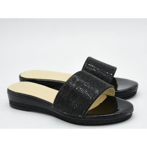 New Coming Black African Womens Medium Heel Slipper Shoes With Rhinestones For Party 222-3 Heel Height 3.5CM