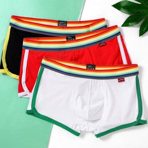 New rainbow-side mens panties Lycra cotton comfortable breathable four-corner pants casual sports youth flat-footed shorts