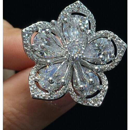 Luxury Solid 925 Sterling Silver Exaggerated Big Flower Wedding Rings for Women Engagement Jewelry Fashion Korean Accessories