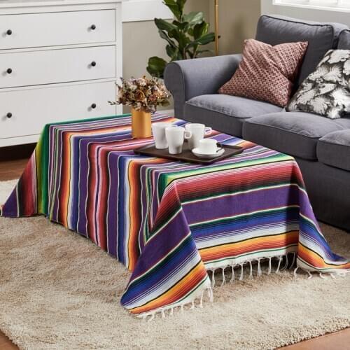 Mexican Style Tablecloth with Tassel Rainbow Table Runner Woven Handmade Striped Table Cover Picnic Mat Boho Beach Blanket