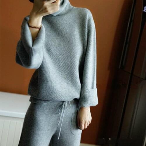 BELIARST2018 Autumn and Winter High Collar Cashmere Sweater Womens Suit Loose Casual Sweater Knitted Two-piece Wide Leg Pants