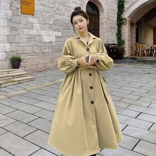 2021 Winter Womens Long Trench Coat Lapel Female Windbreaker long Sleeve Lady Lantern Sleeve Single-Breasted Overcoat Female