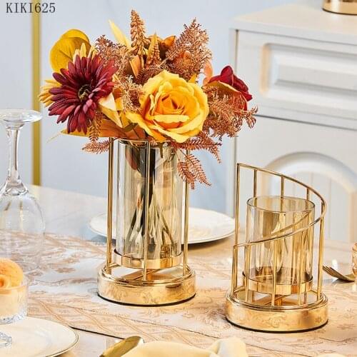 Creative Golden Glass Flower Vase Romantic Metal Candle Holder Table Decoration French Vase Flower Arrangement Home Decoration