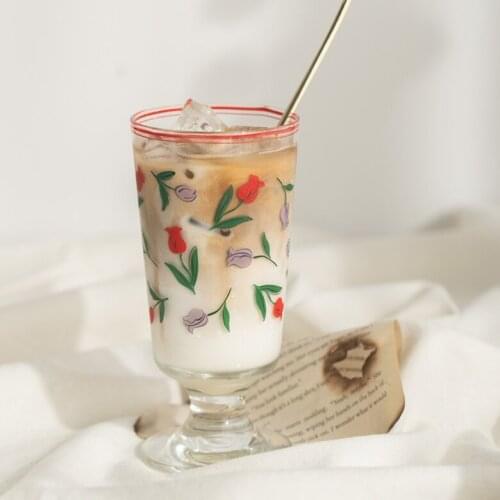 French Romantic Rose Vintage Flower Glass Goblet Tulip Glass Wine Glass