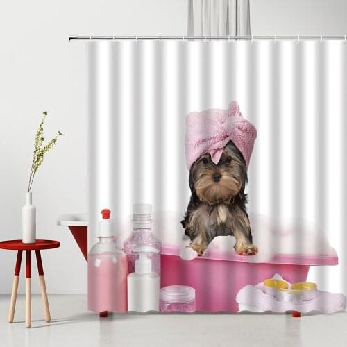 Funny Animal Bathroom Shower Curtain Bathing Cat Lovely Dog Cartoons Boy Pattern Bathtub Decor Polyester Bath Hanging Cloth Set