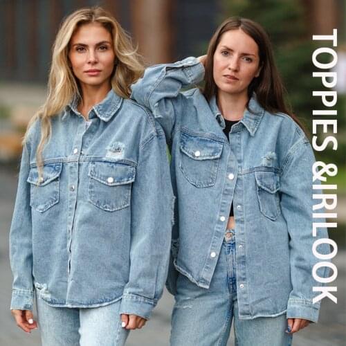 Toppies 2021 Women Denim Coat Mid-Length Ripped Loose Outdoor Fashion Women Denim Jacket