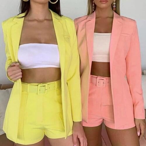 New Women Sets Autumn Long Sleeve Cardigan Blazer Shorts Solid 2 Piece Set Lady Casual Short Suits 6 Colors