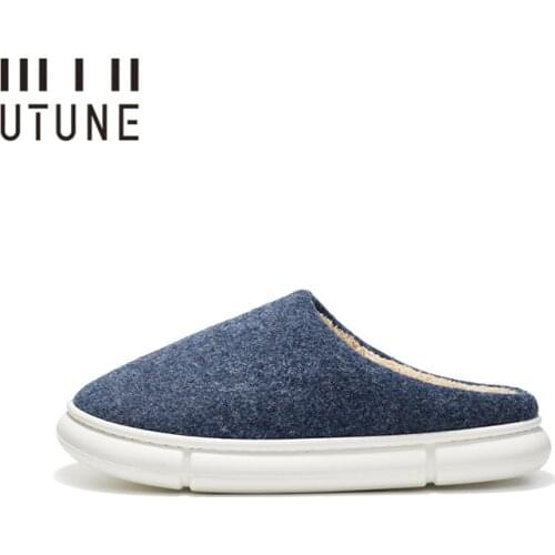 UTUNE Winter Men Open Back Felt Slippers Women Soft Indoor 3.5cm Platform Shoes Anti-slip Plain Furry Eva Sole Couple Shoes Blue