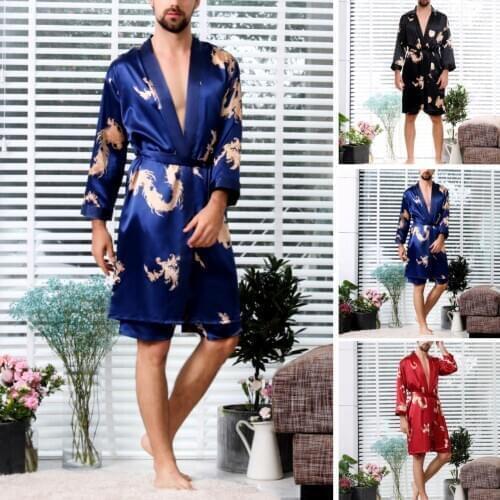 2Pcs Men Bathrobe Imitation Silk Dragon Print Bath Robe Short Pants Pajama Sleepwear Set Extra large Breathable Robes Pajama