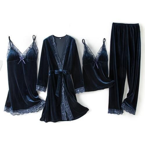 4PCS Pajamas Set Lady Sleepwear Velour Sleep Suit Kimono Bathrobe Gown Velvet Nightwear Soft Intimate Lingerie Sexy Nightgown