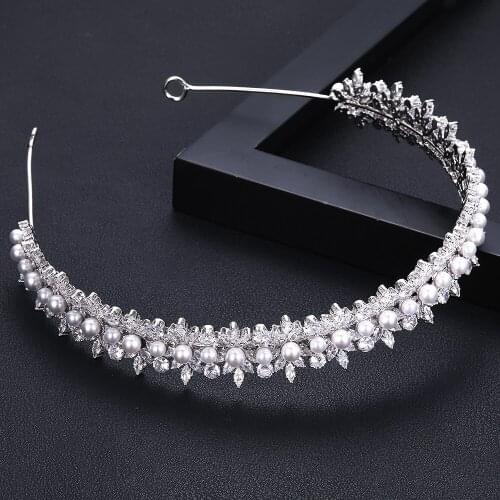 Accking luxury glittering Crown Wedding Bridal pearl Cubic Zirconia white plated zircon tiara headband For women girl party