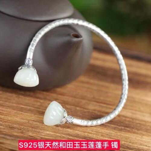 S925 silver hetian jade lotus heart sutra opening bracelet white jade lotus lotus bracelet female heart sutra silver bracelet