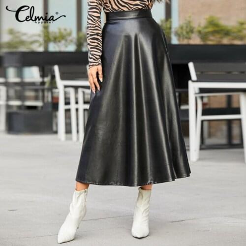 Celmia 2021 Fashion PU Leather Skirts Women Elegant OL Solid Office Lady Midi Skirts Oversized Party Skirt High Waist Midi Skirt