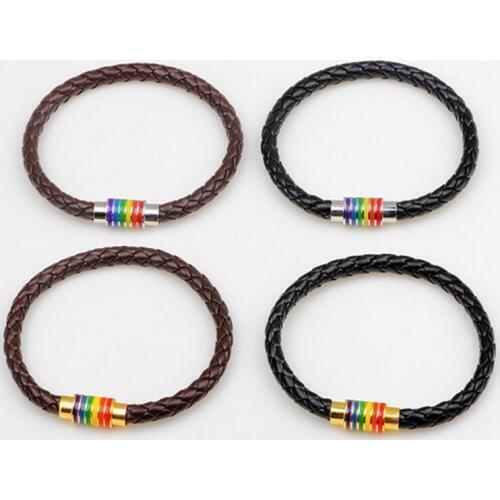 WWLB Black Brown Genuine Braided Leather Bracelet Women Men Stainless Steel Gay Pride Rainbow Magnetic Charms Bracelet Gift
