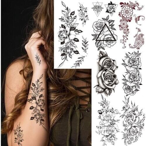 Peony Lily Fake Temporary Tattoos For Women Girls Triangle Rose Flower Tattoo Black Lace Sunflower Hand Sleeve Waterproof Tatoos