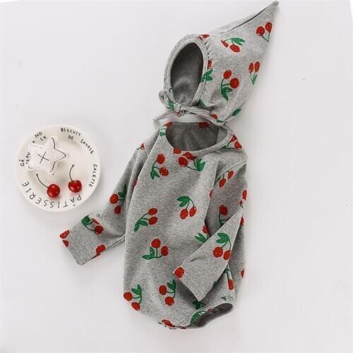 Grey baby girls romper fall full cherry printing pattern long sleeve jumpsuit infant baby boys outfits children bodysuit pajamas