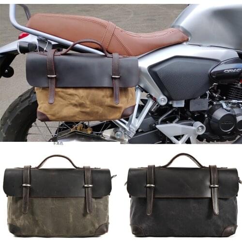 Custom Crazy Horse Leather Motorcycle Side Bag Canvas Saddlebags Patchwork Messenger Bag Vintage Mens Shoulder Laptop Travel Bag