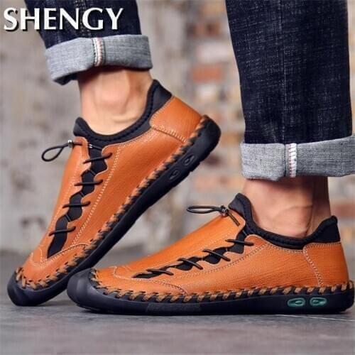 Men Casual Shoe Flat PU Leather Soft Bottom Comfortable Male Loafers Sewing Waterproof Elastic Band Outdoor Shoe Men Zapatos