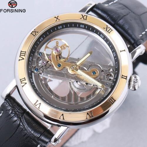 Forsining Top Brand Luxury Self Wind Automatic Mechanical Watches relogio Men Rose Gold Case Genuine Leather Skeleton Watches
