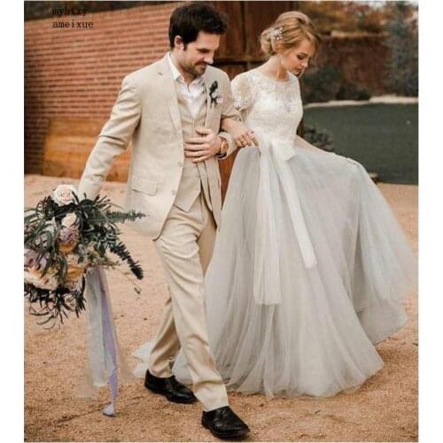 Sexy Cheap Wedding Dress 2020 Light Gray Lace Bride Dres Short Sleeves A-line Romantic Vestido De Noiva China Bridal Gowns