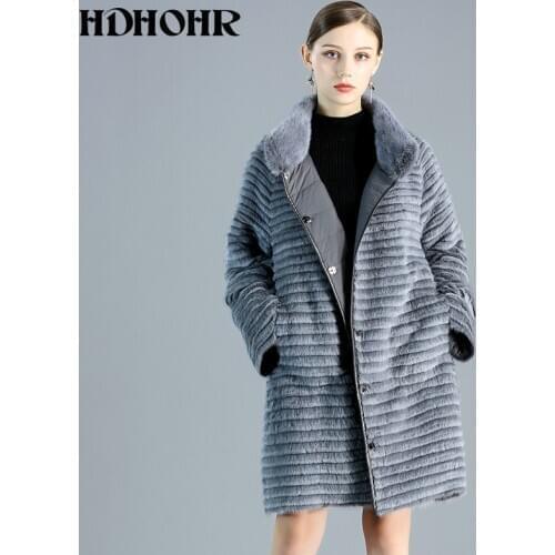 HDHOHR 2020 New Womens Real Mink Fur Coat With Down Double Side Wear Natural Mink Fur Jackets Winter Warm Strip Long Fur coat