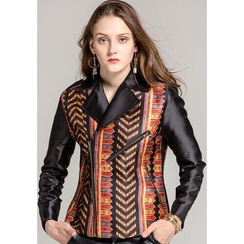 Wholesale Runway Jackets New Fashion Women Print Turn-Down Collar Full Sleeve Black Sheath Zipper Jackets