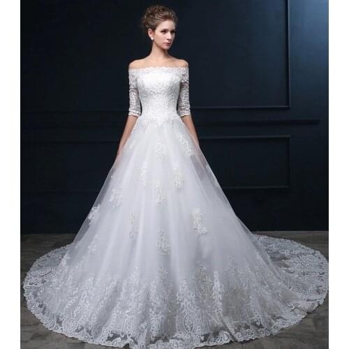 Real photo vintage lace bridal gown sleeves applique long train slubne off shoulder vestido de novia Bespoke Wedding Dresses