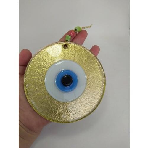 Gilded Evil Eye 12cm Glass Bead Middle in Blue Turkish Handmade Big Amulet for Wall Hanging Ojo Turco Talisman Boho Home Decor