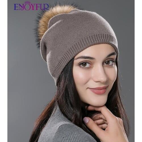 Women winter hat wool knitted beanies cap real natural fox fur pompom hats solid colors gorros cap female causal hat