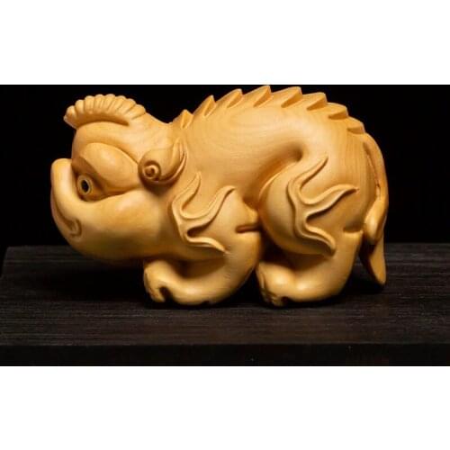 XS153-6*3*3 CM Hand Carved Boxwood Carving Figurine Chinese Animal Statue Home Decor -The Ancient God Beast Sculpture
