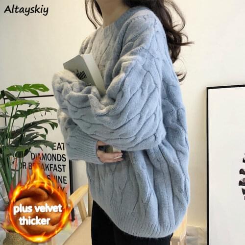 Sweaters Women Popular Thick Solid 2020 New Fashion Fall Warm Loose Lady Clothes Kawaii Oversized Female Plus Velvet Blue Casual