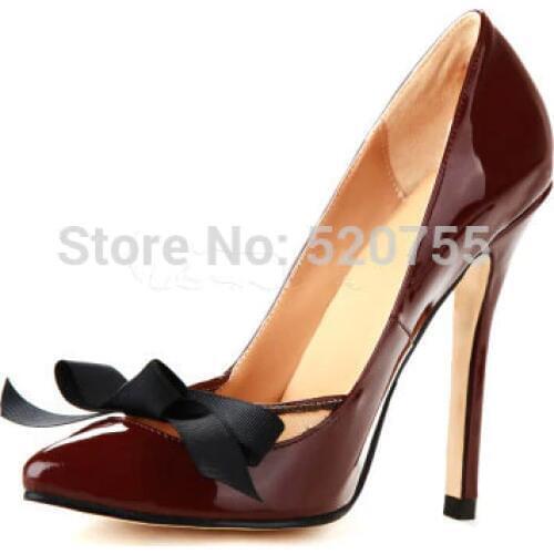 Sexy fashion free postage chocolate patent leather bow decoration 11 cm high-heeled shoes. Size: 35-43