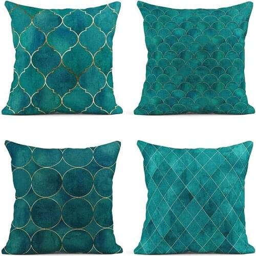 Vintage Moroccan Gold Line Watercolor Bright Teal Watercolour Geometrical Oriental Decor Linen Pillow Cases Home Decorative